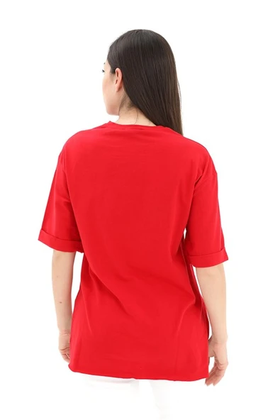 Bisiklet Yaka Yüz Basklı T-Shirt - Kırmızı - Resim 3