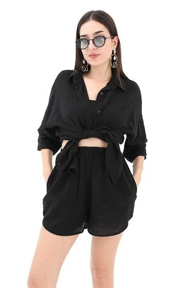 Pamuk Keten Şort Gömlek Kadın İkili Takım - Siyah - Resim 6
