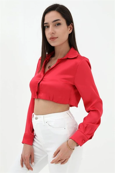 Beli Lastikli Saten Gömlek - Kırmızı - Resim 5