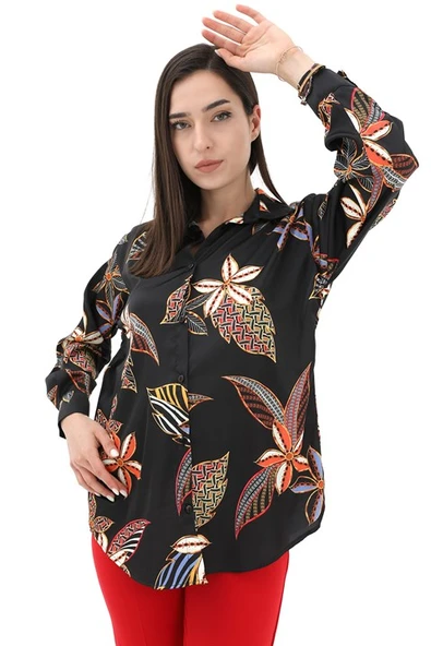 Çiçek Baskılı Saten Gömlek - Siyah - Resim 2