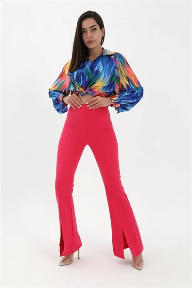 Yırtmaçlı İspanyol Paça Atlas Pantolon - Fuşya - Resim 2