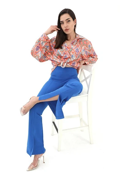 Yırtmaçlı İspanyol Paça Atlas Pantolon - Mavi - Resim 3