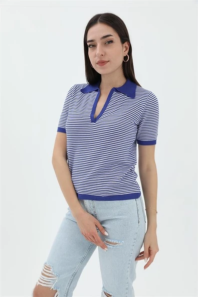 İnce Çizgili Polo Yaka Triko Kazak - SaksMavisi - Resim 2