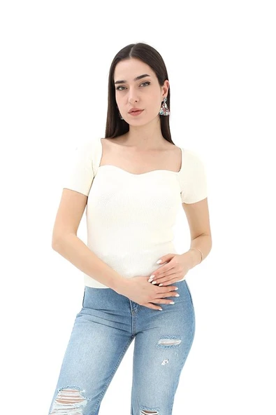 Prenses Yaka Kısa Kollu Triko  Kazak - Ekru ürün görseli 1