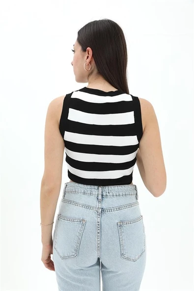 Çizgili Triko Atlet - Siyah - Resim 3