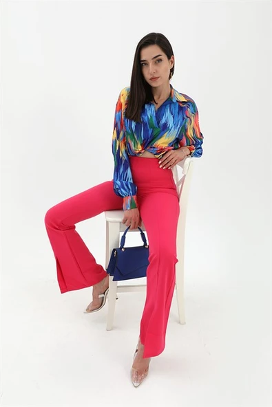 Yırtmaçlı İspanyol Paça Atlas Pantolon - Fuşya ürün görseli 1