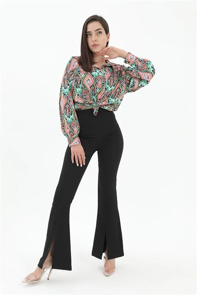 Yırtmaçlı İspanyol Paça Atlas Pantolon - Siyah - Resim 3