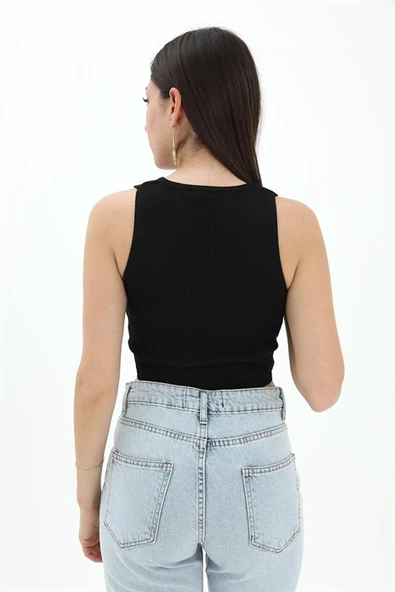 Önü V Yaka Fitilli Atlet - Siyah - Resim 3