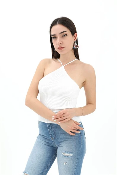 Boyundan Askılı Triko Atlet - Beyaz ürün görseli 1