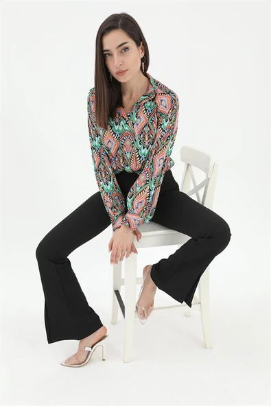 Yırtmaçlı İspanyol Paça Atlas Pantolon - Siyah - Resim 2