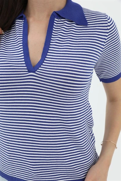 İnce Çizgili Polo Yaka Triko Kazak - SaksMavisi - Resim 4
