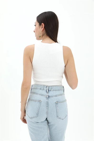 Önü V Yaka Fitilli Atlet - Beyaz - Resim 2