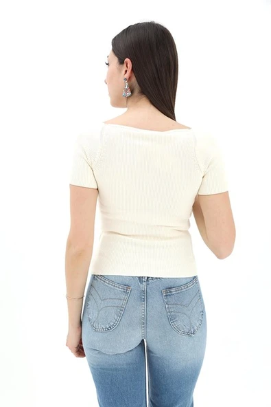 Prenses Yaka Kısa Kollu Triko  Kazak - Ekru - Resim 3