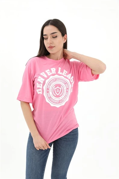 Bisiklet Yaka Denver Leagune Baskılı T-Shirt - Pembe ürün görseli 1