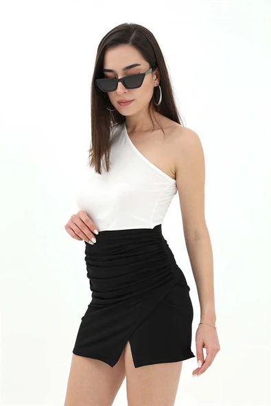 Yanları Büzgülü Beli Lastikli Etek - Siyah - 3