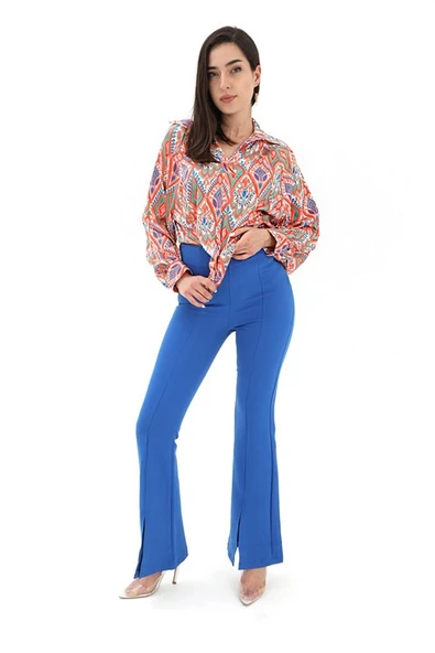 Yırtmaçlı İspanyol Paça Atlas Pantolon - Mavi - Resim 2