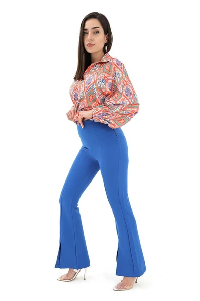 Yırtmaçlı İspanyol Paça Atlas Pantolon - Mavi - Resim 4