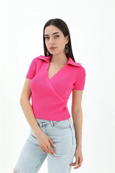 Kruvaze Polo Yaka Triko Kazak - Fuşya - 2