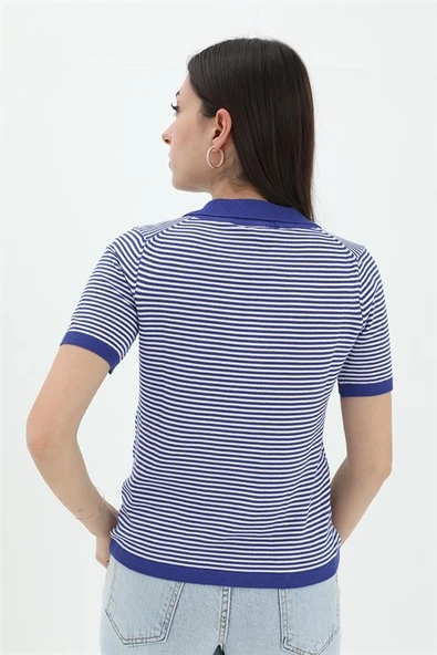 İnce Çizgili Polo Yaka Triko Kazak - SaksMavisi - Resim 3