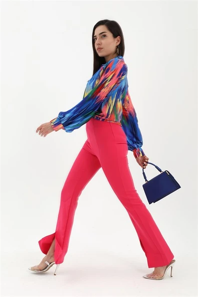 Yırtmaçlı İspanyol Paça Atlas Pantolon - Fuşya - Resim 3