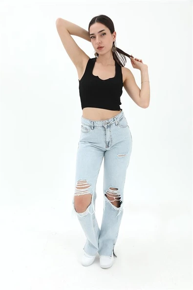 Önü V Yaka Fitilli Atlet - Siyah - Resim 2