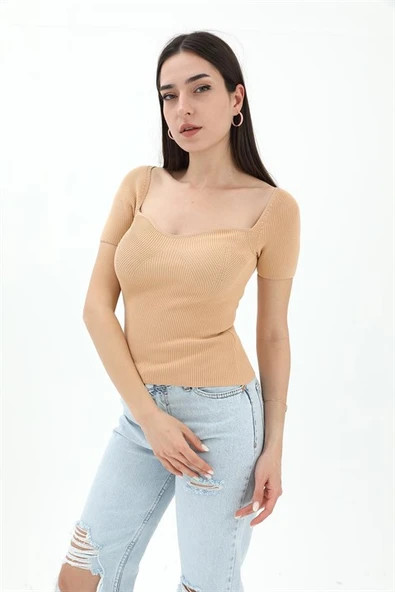 Prenses Yaka Kısa Kollu Triko  Kazak - Camel - Resim 2