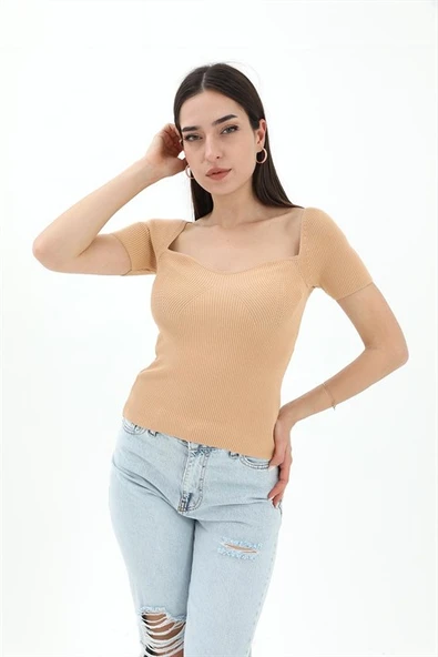 Prenses Yaka Kısa Kollu Triko  Kazak - Camel ürün görseli 1