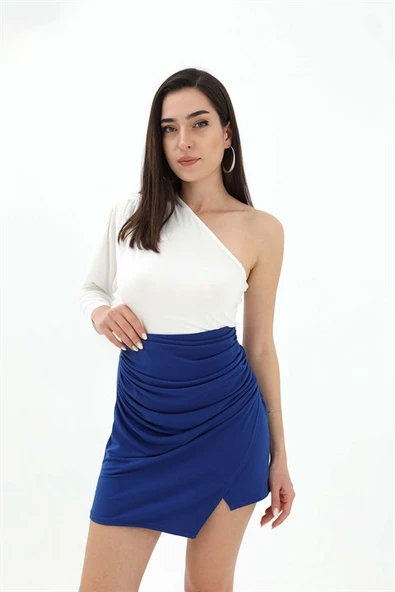 Yanları Büzgülü Beli Lastikli Etek - Mavi ürün görseli 1