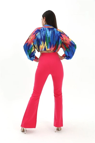 Yırtmaçlı İspanyol Paça Atlas Pantolon - Fuşya - Resim 5