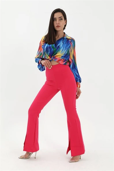 Yırtmaçlı İspanyol Paça Atlas Pantolon - Fuşya - Resim 4