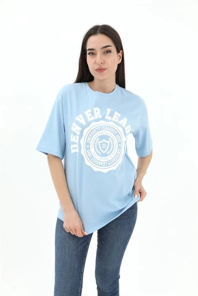 Bisiklet Yaka Denver Leagune Baskılı T-Shirt - Mavi ürün görseli 1