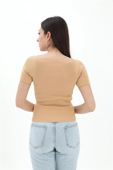 Prenses Yaka Kısa Kollu Triko  Kazak - Camel - Resim 3
