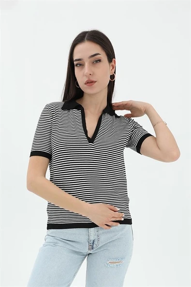 İnce Çizgili Polo Yaka Triko Kazak - Siyah ürün görseli 1