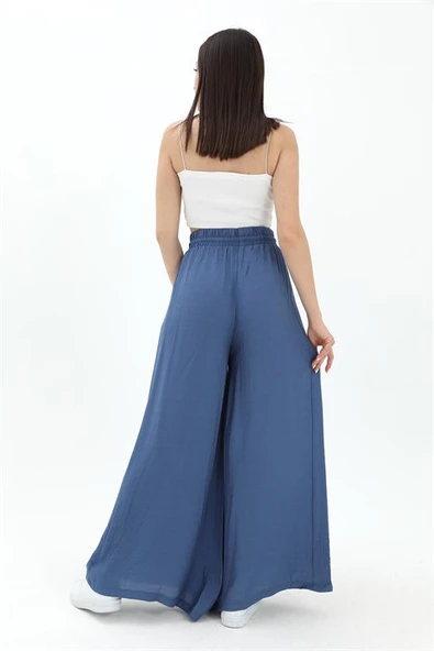 Geniş Kemerli Bol Paça Düz Keten Kadın Pantolon - Mavi - Resim 6