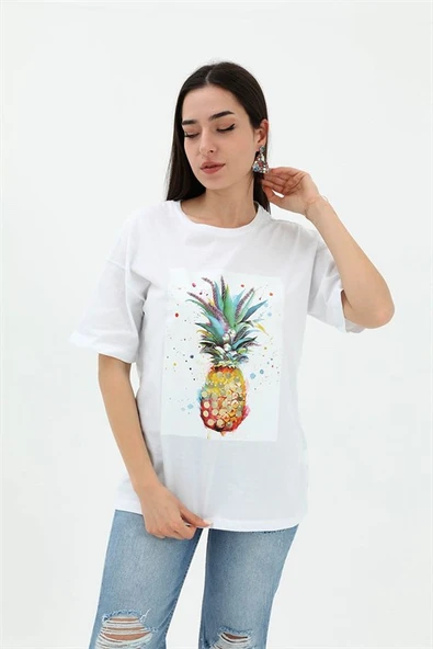 Bisiklet Yaka Ananas Baskılı Süprem T-shirt - Beyaz ürün görseli 1
