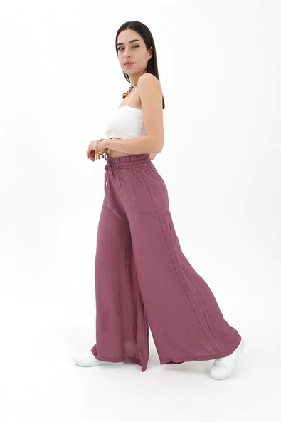 Geniş Kemerli Bol Paça Düz Keten Kadın Pantolon - Lila - Resim 5