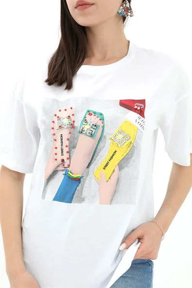 Bisiklet Yaka Terlik Baskılı T-shirt - Beyaz - Resim 3