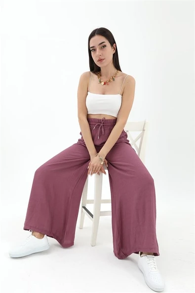 Geniş Kemerli Bol Paça Düz Keten Kadın Pantolon - Lila ürün görseli 1