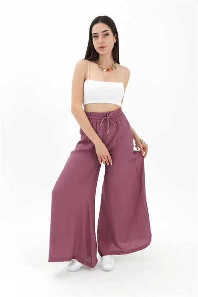 Geniş Kemerli Bol Paça Düz Keten Kadın Pantolon - Lila - Resim 3