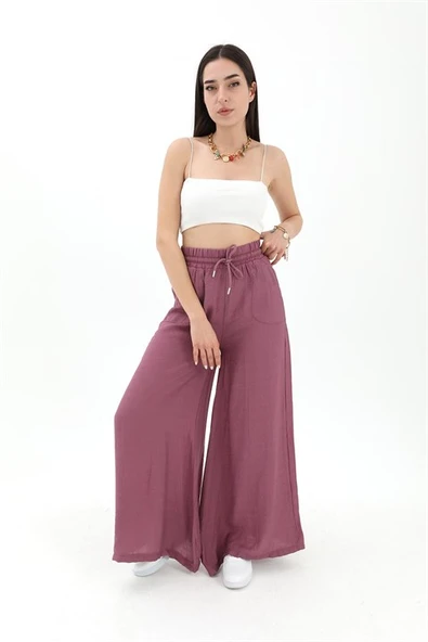 Geniş Kemerli Bol Paça Düz Keten Kadın Pantolon - Lila - Resim 2