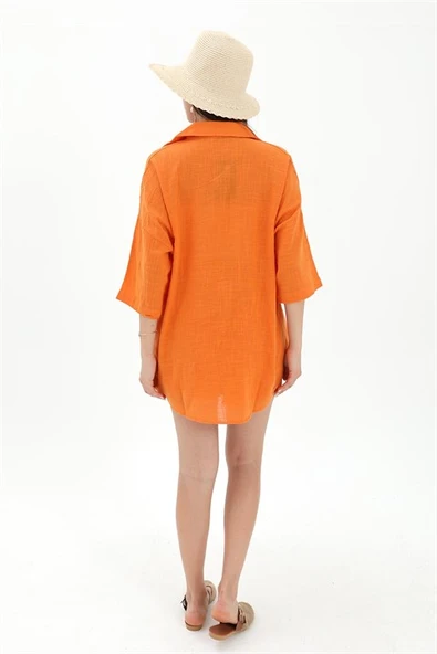 Pamuk Keten Şort Gömlek Kadın İkili Takım - Turuncu - Resim 5