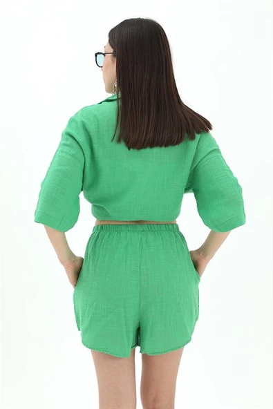 Pamuk Keten Şort Gömlek Kadın İkili Takım - Yeşil - Resim 7