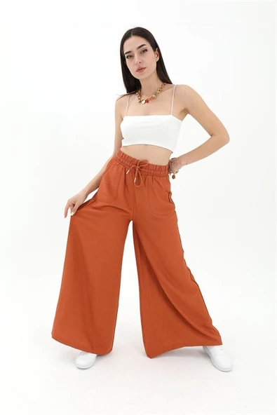 Geniş Kemerli Bol Paça Düz Keten Kadın Pantolon - Taba - Resim 3