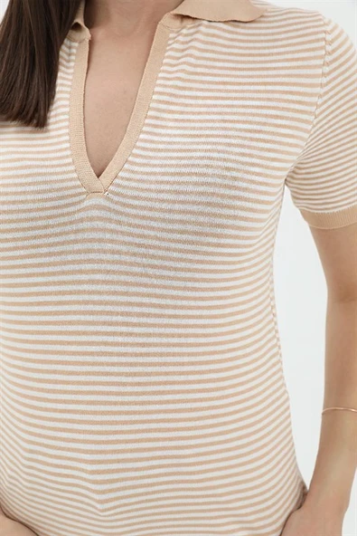 İnce Çizgili Polo Yaka Triko Kazak - Camel - Resim 4