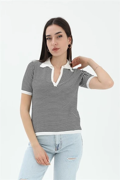 İnce Çizgili Polo Yaka Triko Kazak - Beyaz ürün görseli 1
