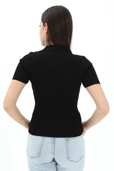 Polo Yakalı Kısa Kol Triko Kazak - Siyah - Resim 3
