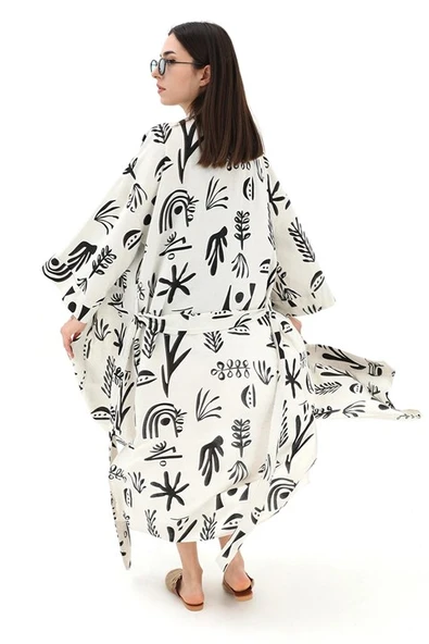 Baskılı Keten Kimono - Siyah - Resim 7