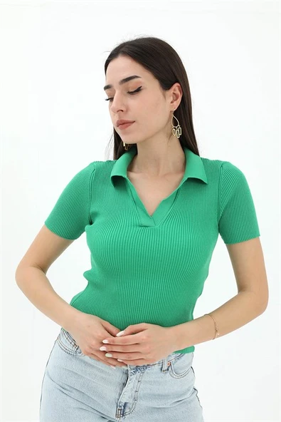 Polo Yakalı Kısa Kol Triko Kazak - Yeşil ürün görseli 1