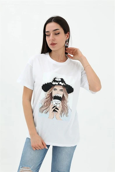 Bisiklet Yaka Kovboy Şapkalı Süprem T-shirt - Beyaz ürün görseli 1