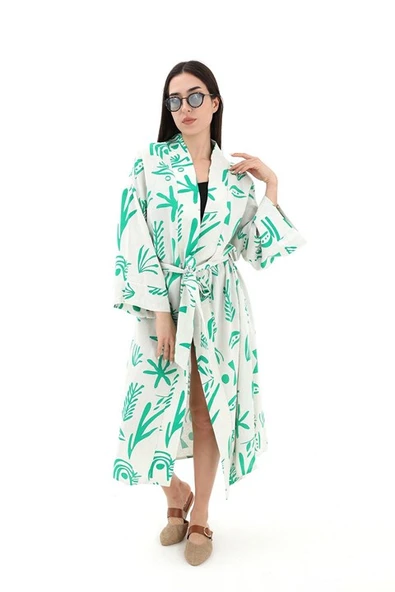 Baskılı Keten Kimono - Yeşil ürün görseli 1